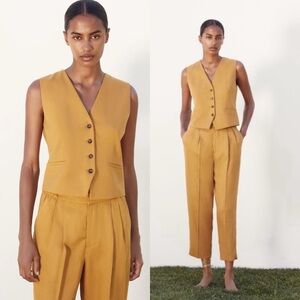 NWT Zara Classic Pocketed Vest M Tailored Mustard Vneck Lined Sleeveless